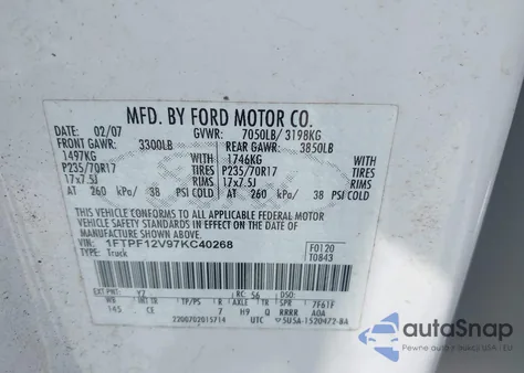 2007 Ford F-150 Xl/Xlt from USA, damaged, VIN 1FTPF12V97KC40268